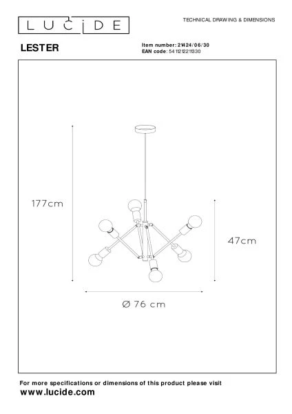 Lucide LESTER - Pendant light - 6xE27 - Black - technical